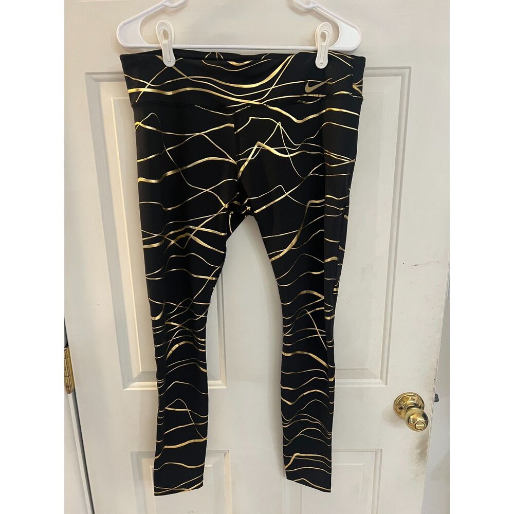 Nike Dri-FIT Black Gold Metallic Wave Print Leggings NWT Tight Mid Rise XL $70